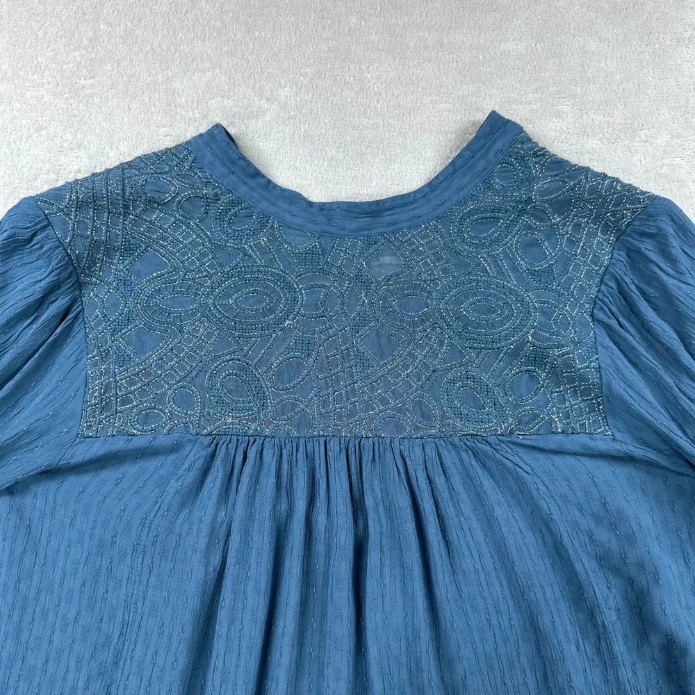 Free People Blouse Women Small Teal Blue Boho Peasant Embroidered Button Front